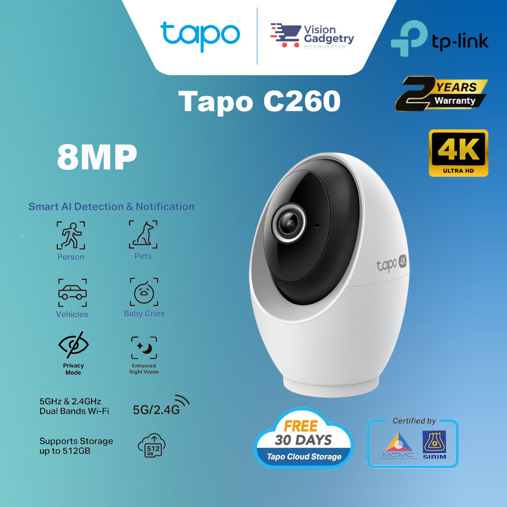 TP-Link Tapo C260 4K 8MP Pan/Tilt AI Home Security Wi-Fi Camera