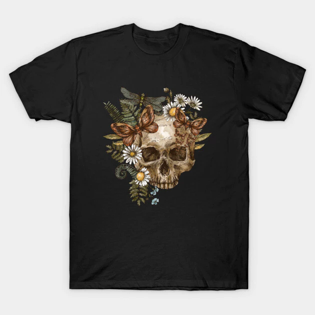 เสื้อยืด Vintage Skull Flowers Cotton 100% S-5XL