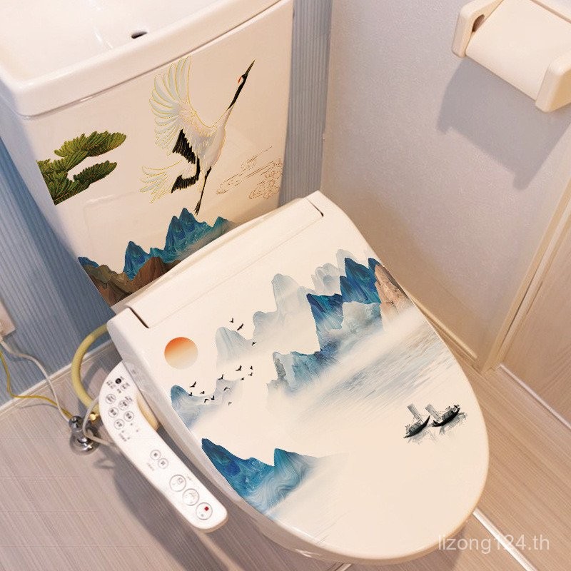 3D สติกเกอร์ห้องน้ําห้องน้ํา Self-Adhesive ขายส่ง Crane ตกแต่งฝาครอบห้องน้ํา Mountain Water สามมิติ 