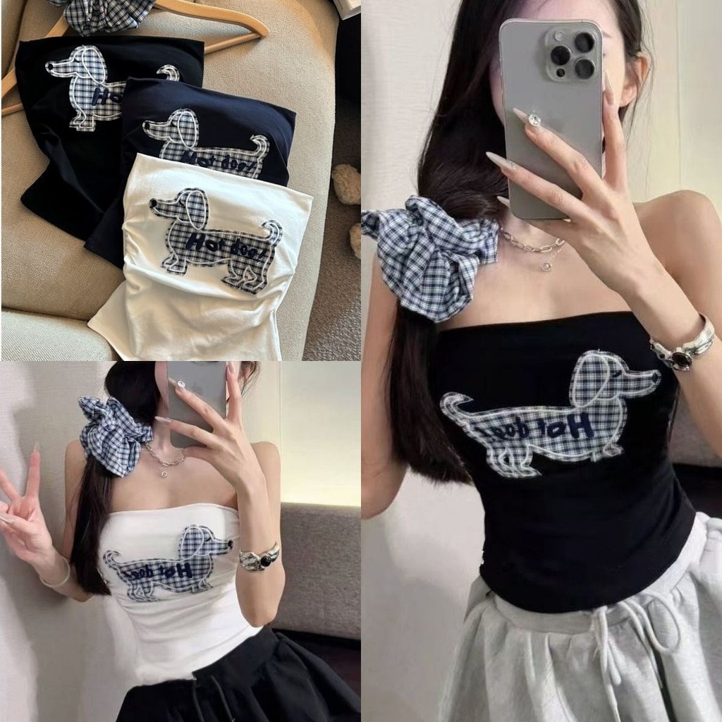 Nemo store🌸#FY66022 เสื้อเกาะอก มีฟองน้ำในตัว ลายน้องหมาน่ารัก เกาหลีสไตล์ สีพื้นน้ำเงินดำขาว