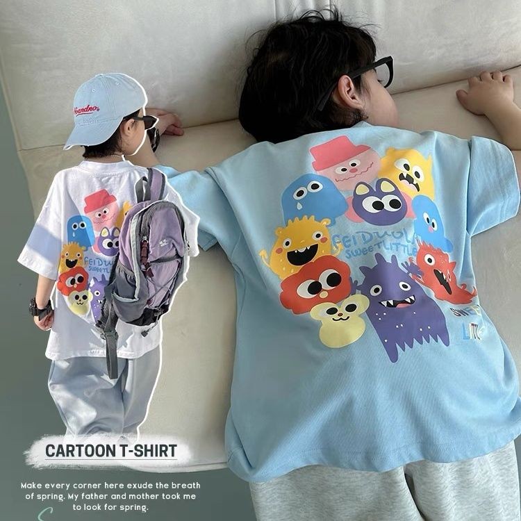 [W.M KIDS & BABY] มีสินค้าพร้อมส่ง เสื้อยืดเด็กชาย สไตล์เกาหลี ฤดูร้อน ใหม่ ผ้าฝ้ายแท้ การ์ตูน สีน้ำเงิน หลวม อเนกประสงค์ แขนสั้น เสื้อเด็กขนาดกลางและใหญ่ ลำลอง ทันสมัย
