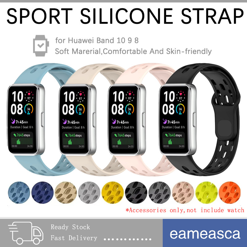 สายรัดซิลิโคนกีฬา for Smartwatch Huawei Band 10/9/8 ยางกีฬาหายใจรูเปลี่ยนสายรัดข้อมืออุปกรณ์เสริม for Huawei Band 10 NFC