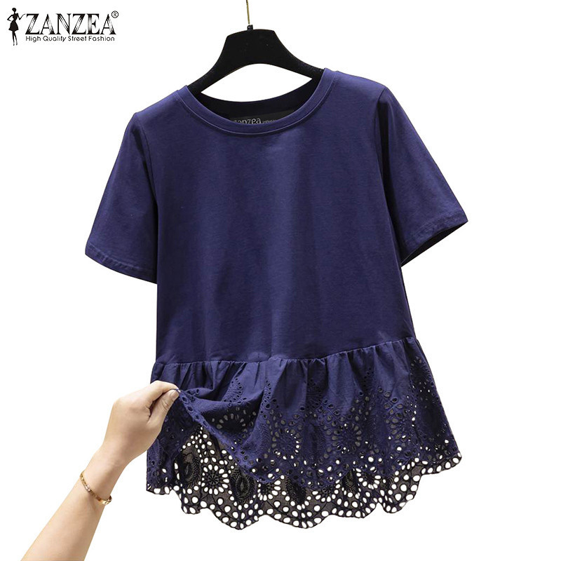 ZANZEA ใส่ ซานเซีย ผู้หญิงเกาหลีลําลองรอบคอประกบแขนสั้นเสื้อยืดหลวม