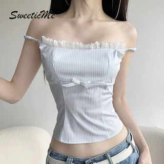 SweeticMe แฟชั่นใหม่ของผู้หญิงลูกไม้สลิมฟิตโบว์สายลายหวานเสื้อกล้ามสายเดี่ยว