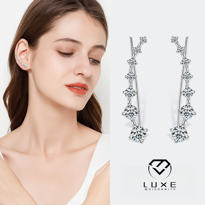 จริง Moissanite โมเดิร์น Ins สไตล์รอบตัดสีขาว D Designer สไตล์ Crawler ต่างหู S925 เงินสเตอร์ลิงการรับรอง GRA สามารถ Pass Test สําหรับหมั้นงานแต่งงาน