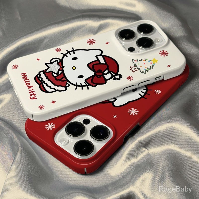 เคสโทรศัพท์ การ์ตูนน่ารักทาสีสีแดงคริสต์มาส Hello Kitty เคสโทรศัพท์ iPhone เหมาะสําหรับ iPhone 15 14 Pro Max 15 Plus XR 7 Plus 8 Plus XS Max เคสซิลิโคน 13 12 Pro Max 11 Anti-drop Anti-dust กันกระแทก EIMN