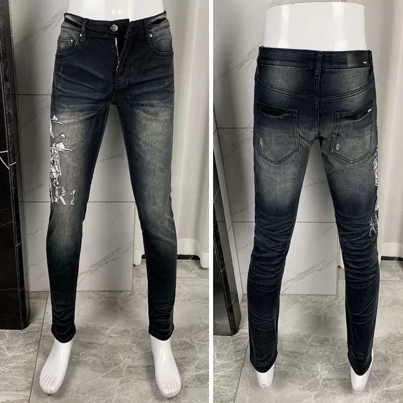 Amiri High Street Fashion Man Jeans กางเกงยีนส์สีดำผอมพิมพ์ออกแบบกางเกงยีนส์สตรีทแฟชั่นคุณภาพสูง