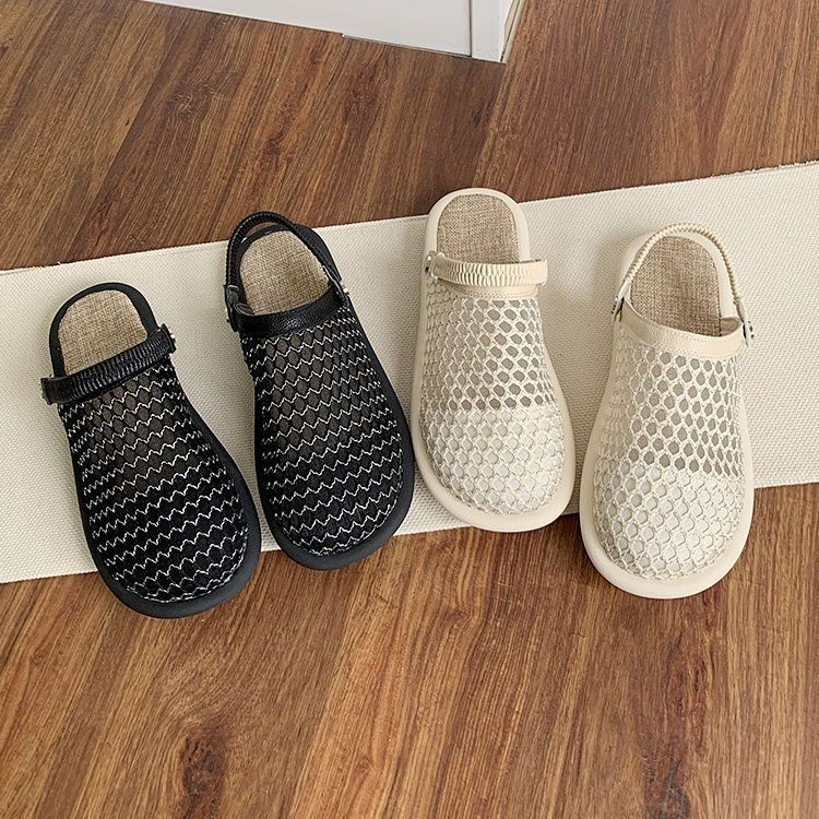รองเท้าแตะผ้าลินินผู้หญิงสไตล์ใหม่สองสวม Soft-Soled Toe-Covered รองเท้าแตะครึ่งสวมใส่ด้านนอกตาข่ายระบายอากาศ
