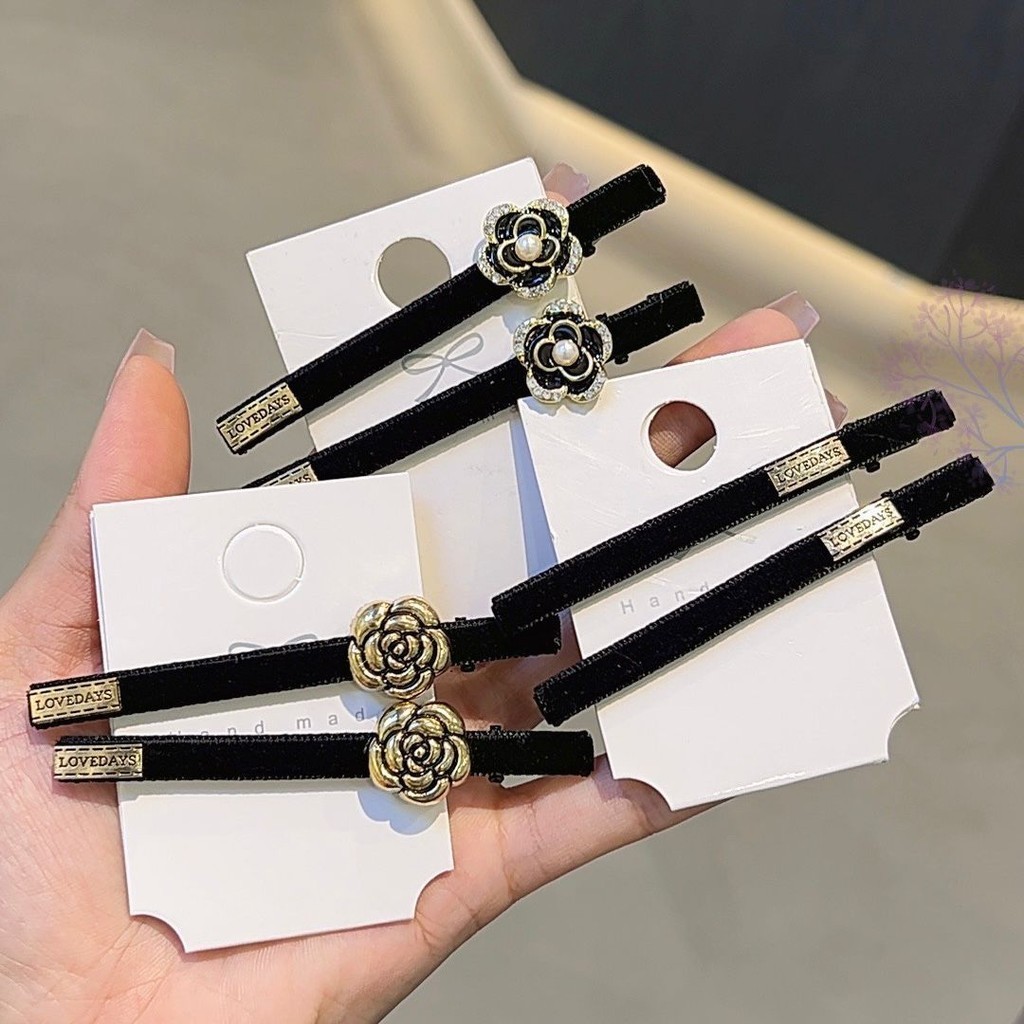 สีดําสไตล์ประณีตกิ๊บกํามะหยี่คลิป High-End Camellia ลูกไม้คลิป