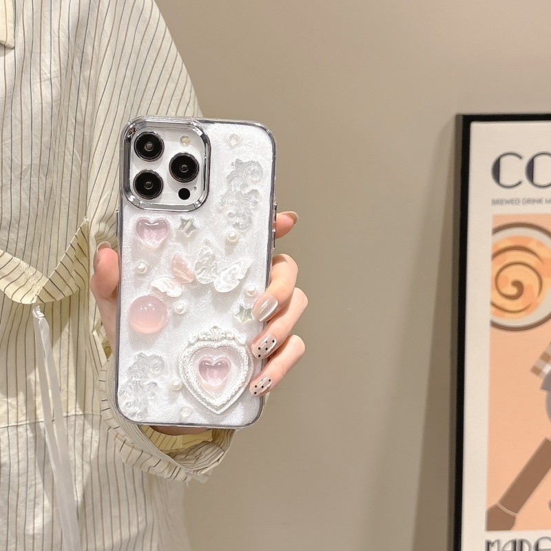 3d สีชมพู Love กรอบรูป Dropping กาว Hard Case สําหรับ iPhone 11 12 13 14 15 Pro Max สีขาว anti fall ฝาครอบปลอก