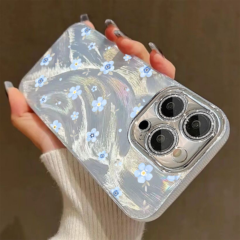 ดอกไม้สีฟ้า IMD เคสโทรศัพท์สําหรับ IPhone 11 12 13 15 14 Pro XS Max X XR 8 7 Plus Hard ปลอกกันกระแทกโทรศัพท์มือถือ