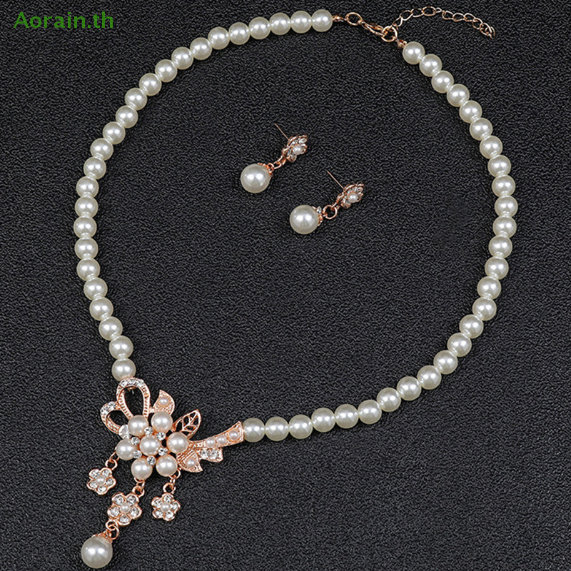# Hot Fashion # 1Set Women Necklace Beaded Glossy Faux Pearls Rhinestone ฝังดอกไม้เจ้าสาวสร้อยคอต่างหูสตั๊ดชุด ราคา ถูกที่สุด ดีลบีเคเค แกลเลอรีภาพที่ 2