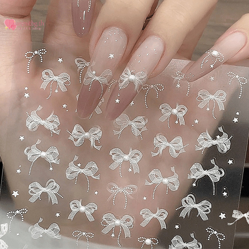 Renbg Pearl Lace Bow Shape เล็บสติกเกอร์เพชรบรรเทา Decal Enhancement กาวสติกเกอร์สามมิติ DIY TH