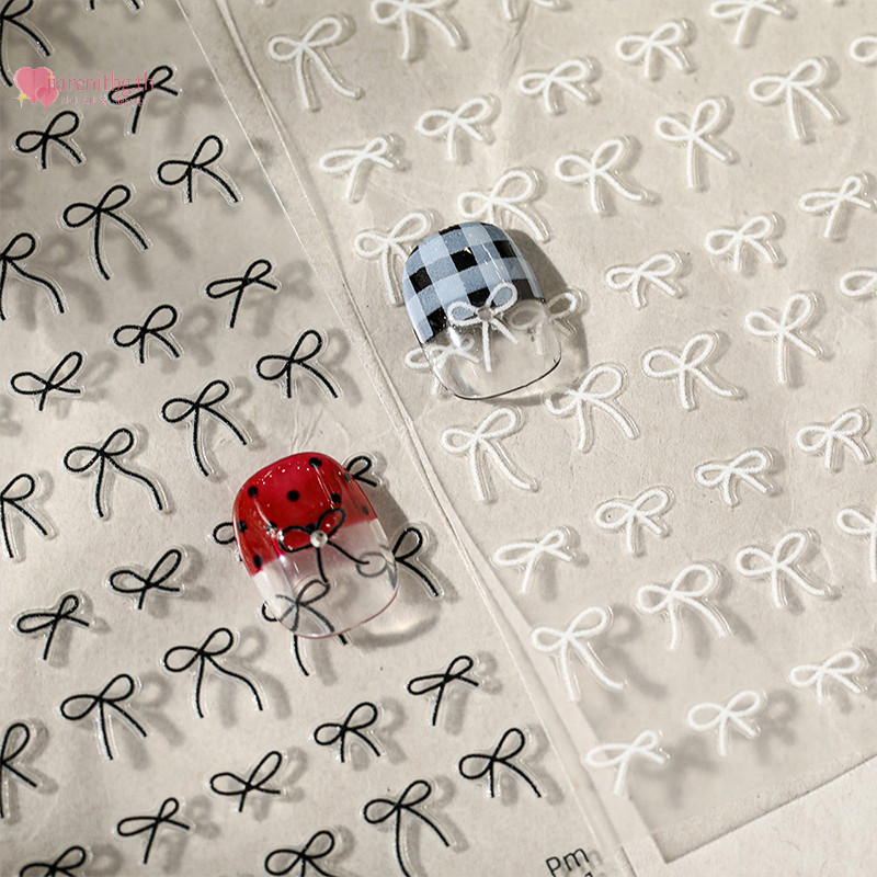 RENBG 5D สีดําสีขาว Bow Tie Bowknot Line Rhinestone สีแดง Self กาวตกแต่งเล็บสติกเกอร์เล็บ Decals DIY TH