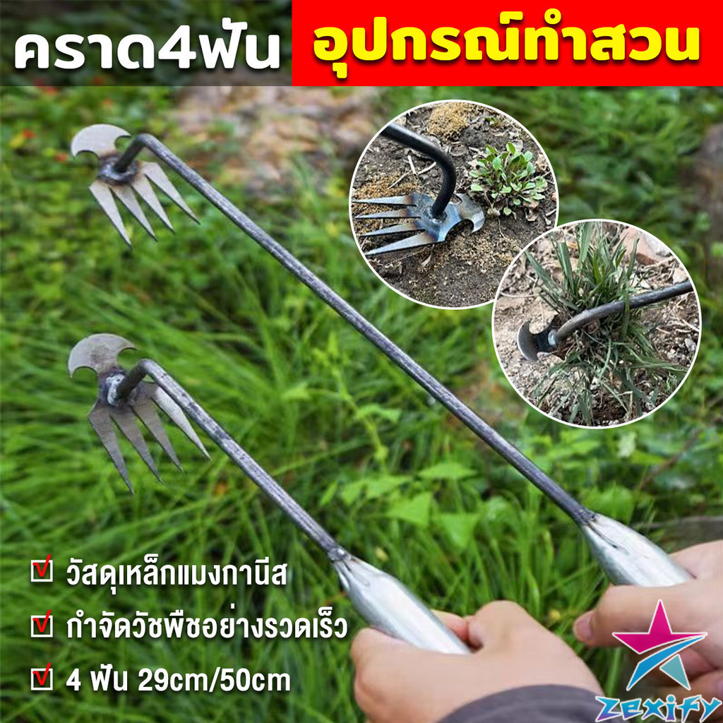 ZXF คราดเก็บหญ้า แบบ mini อุปกรณ์ทำสวน  คราดเหล็ก หัวคู่จอบขุดดิน 4 ฟัน ขุดหญ้า ขุดดิน rake