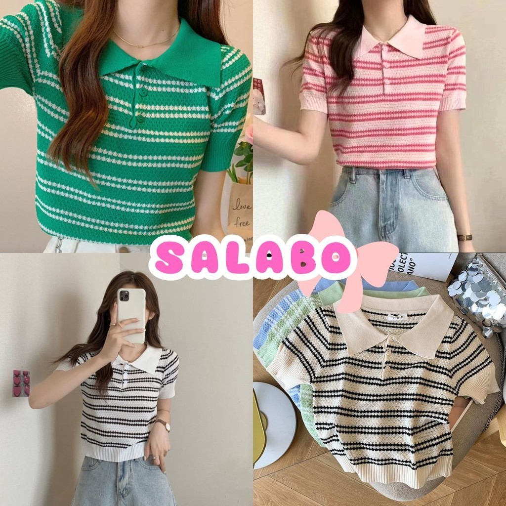 🥑Salabo🥑 เสื้อครอป ลายทาง คอปกแต่งกระดุม สไตล์เกาหลีน่ารัก #A54