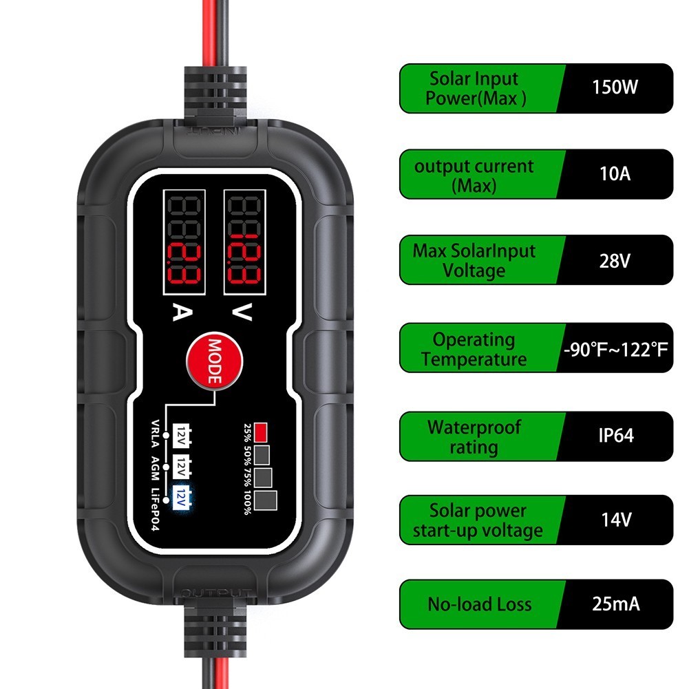 【AMZ】Plug and Play Convenience 10A MPPT Solar Charge Controller with Extension Cables