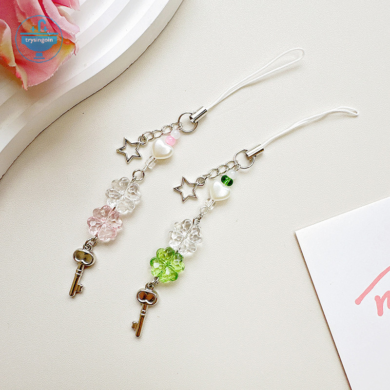 [strysingoin] Sweet Four Leaf Clovers Beaded Phone Charm สําหรับผู้หญิงสาวน่ารักประณีตพวงกุญแจจี้แฟช