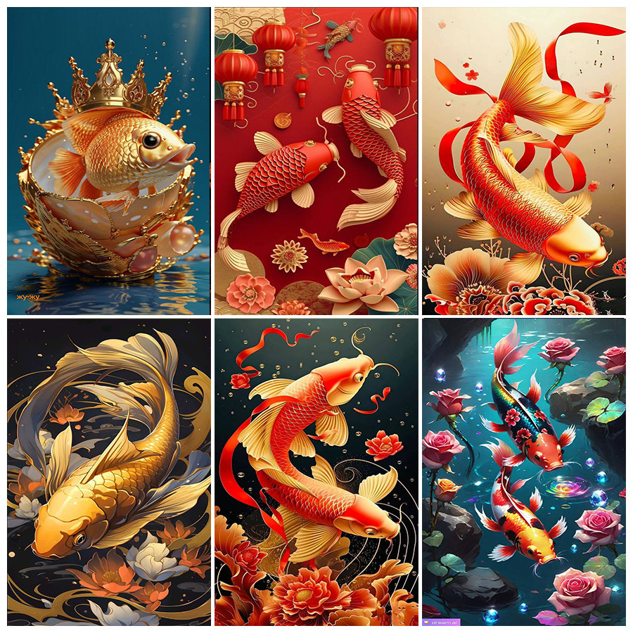 5ง ภาพวาดเพชรภาพปลาฟอร์จูนปลามงคล ทําเอง เต็มเพชรชุด,โมเสคทําด้วยมือเพชรเย็บปักถักร้อย,เหมาะสําหรับผู้ใหญ่และผู้เริ่มต้นทํามือ,ตกแต่งผนังของขว