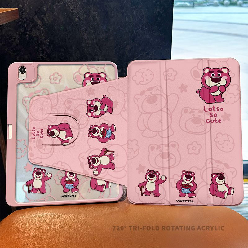 เคส Ipad 360 ° Rotationfull Screenน่ารักสตรอเบอร์รี่หมีเหมาะสําหรับอะคริลิคiPad Air6 Gen7/8/9 10.2 Gen5/6 9.7 Air4 Air5 10.9 Pro11 Gen10 TripleพับiPad Cover