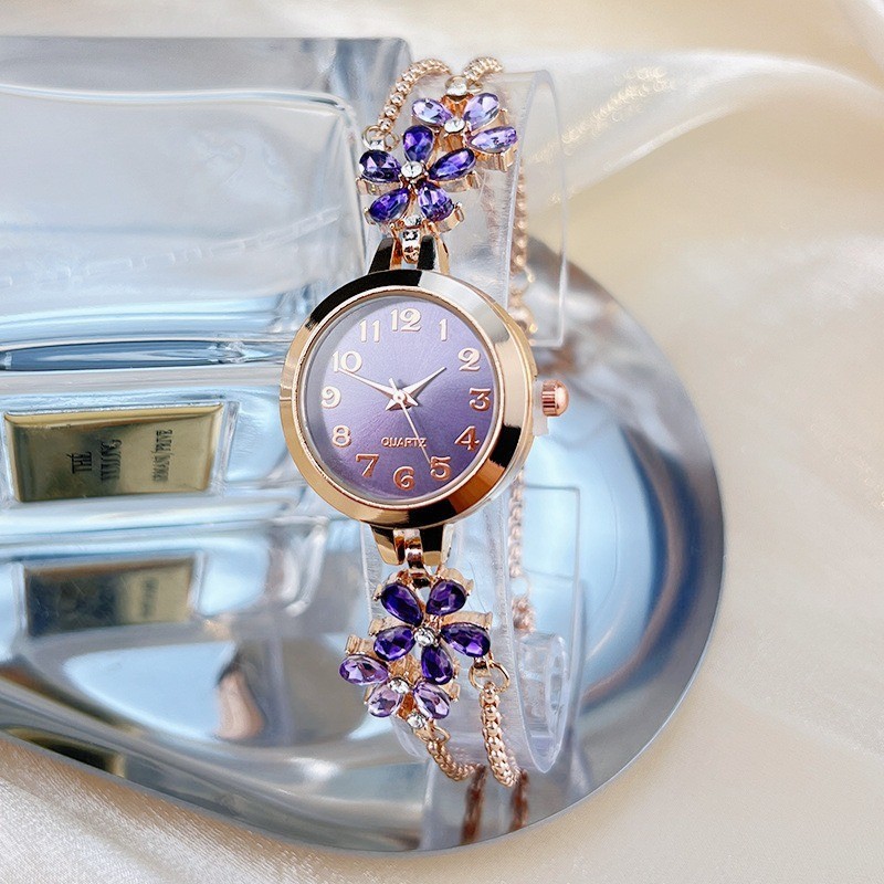 2024 รูปลักษณ์สูงนาฬิกาผู้หญิง Rhinestone สร้อยข้อมือดอกไม้รอบ Dial ปรับสายคล้องสแตนเลสนาฬิกาแฟชั่นสําหรับผู้หญิงแฟชั่น