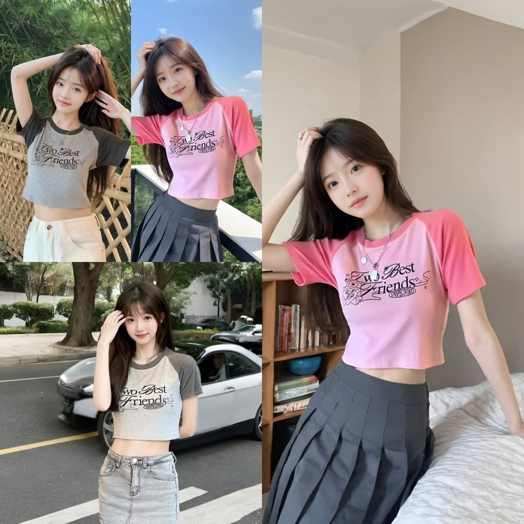 เสื้อครอปสั้นมินิมอล สไตล์เกาหลี ดีไซน์รัดรูปพร้อมลายน่ารัก เสื้อครอปคอกลมแขนสั้น ใส่สบายและทันสมัย พร้อมส่ง