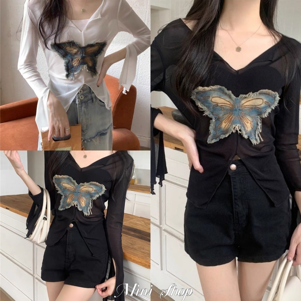 Mini shop🌸พร้อมส่ง🌸(1577)เสื้อไหมพรมซีทรู สื้อผ้าป้องกันแสงแดด แขนยาวมินิมอล คอวี ปลายปล่อยขาวดำ สวม