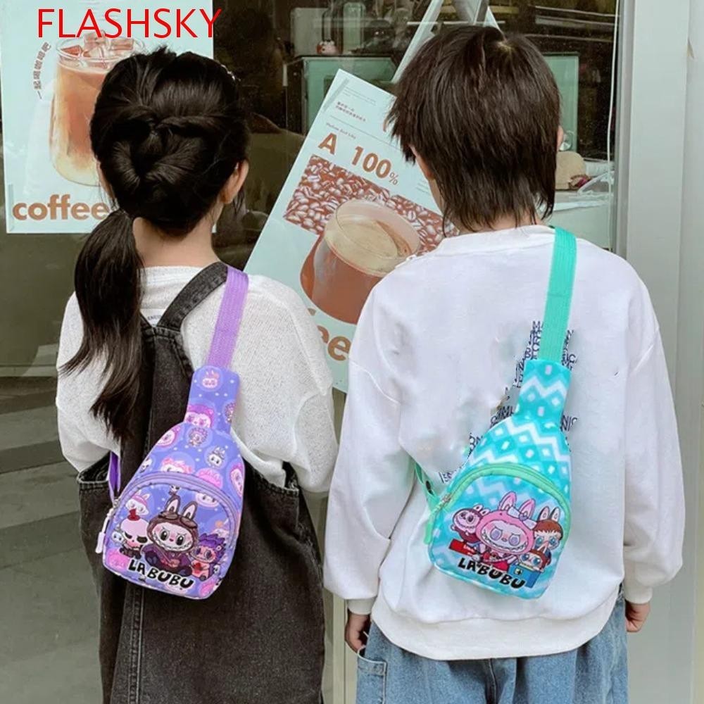 Flashsky Labubu กระเป๋าคาดหน้าอก, กระเป๋าคาดเอวลายการ์ตูนพิมพ์ลายไนลอน, กระเป๋าคาดเอวอนิเมะน้ําหนักเบาระบายอากาศได้สร้างสรรค์ทุกวัน