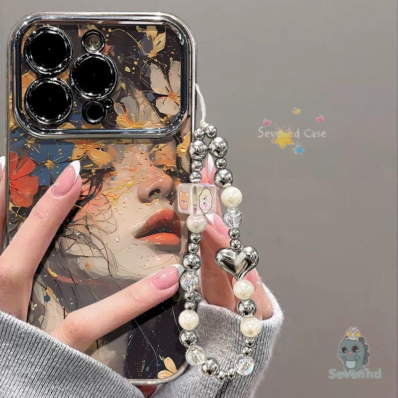 ปลอกสําหรับiphone 11 15 14 13 12 Pro Xr Xs Max 7 8 6 6s Plusภาพวาดสีน้ํามันสาวArt High-Endเคสโทรศัพท์ + โซ่หรูหราชุบคมชัดหน้าต่างกันกระแทกป้องกันปกหลัง