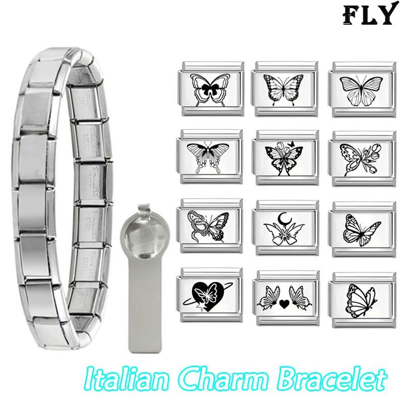 สีดําสีขาวผีเสื้ออิตาเลี่ยน Charm สร้อยข้อมือ Fit 9 มม.สร้อยข้อมือสแตนเลส DIY เครื่องประดับทําอุปกรณ์เสริม Retro บุคลิกภาพโมดูลสร้อยข้อมืออุปกรณ์เสริม