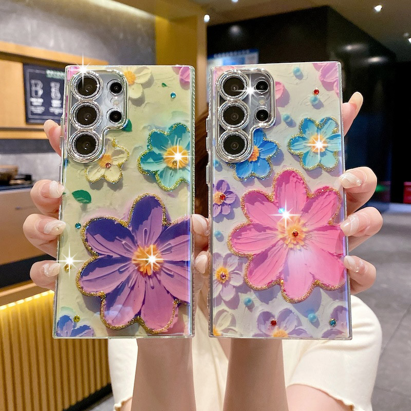 Glitter ภาพวาดสีน้ํามันดอกไม้น่ารักเคสโทรศัพท์สําหรับ Samsung Galaxy S24 S23 Plus S22 Ultra ฝาครอบพร้อมตัวป้องกันเลนส์กล้อง