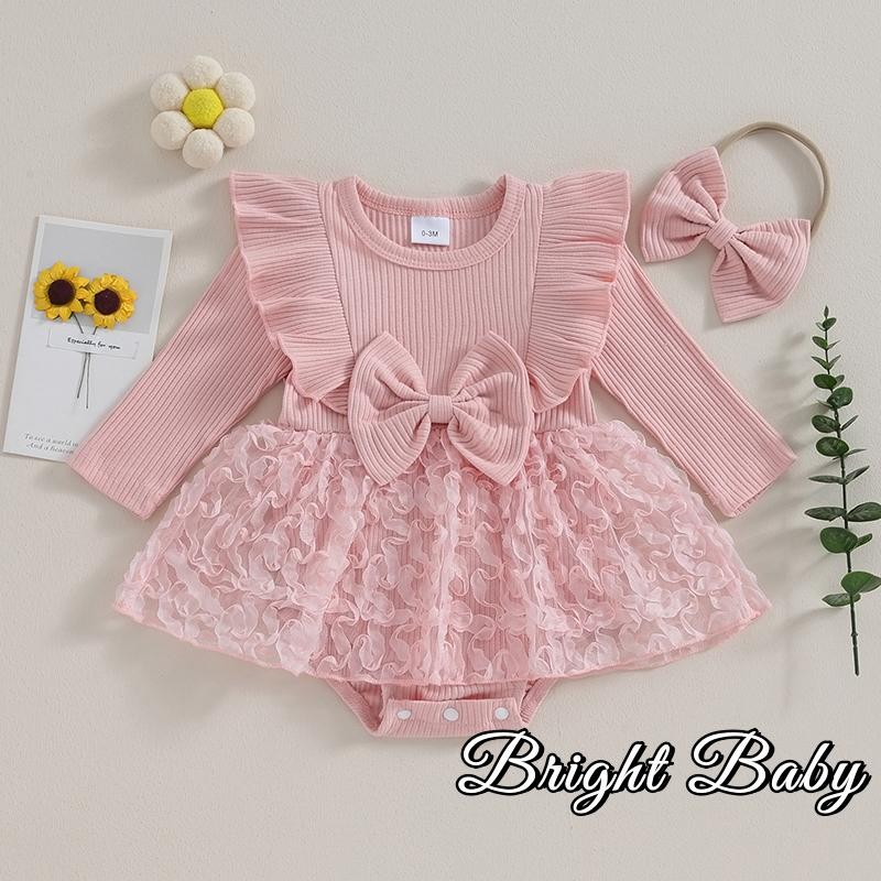 เด็กทารก Rompers ชุดแขนยาว Bowknot ลูกไม้ Layered Tulle กระโปรง Hem เด็กวัยหัดเดินบอดี้สูทพร้อมแถบคาดศีรษะ