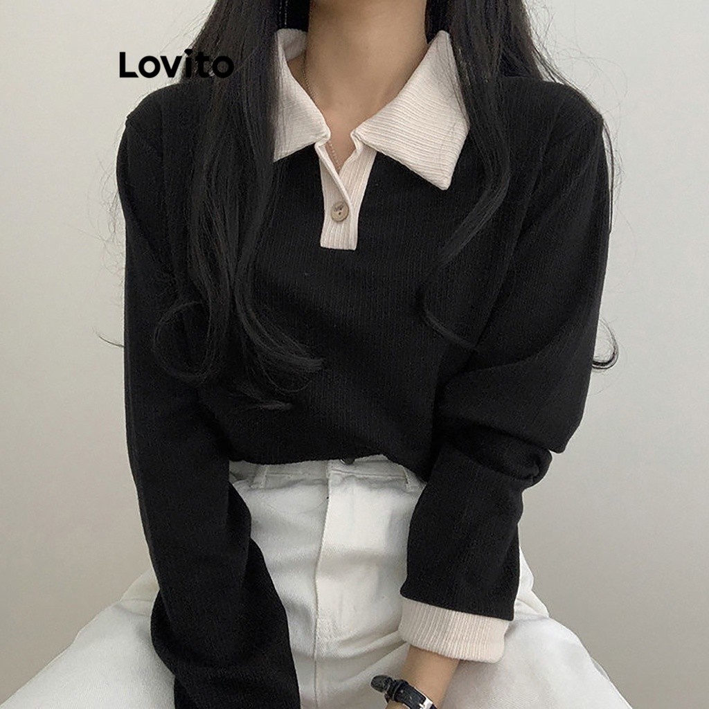 Lovito เสื้อคอปกผู้หญิง แบบเย็บต่อ สีพื้น สไตล์ลำลอง LNA34115 (สีกากี / สีดำ)