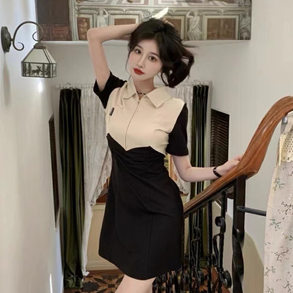 เดรสตัดต่อสไตล์ฝรั่งเศส ปกปอโล ใหม่ล่าสุด สำหรับฤดูร้อน ขายาว เปิดข้าง
