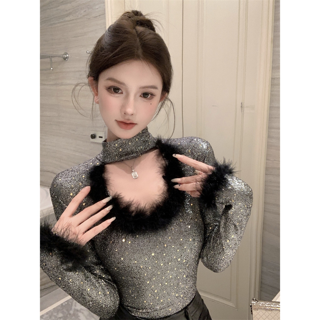 Hollow-out Design Pure All-Match Neckline for Women Long Sleeve Sexy Furry Slim Winter French Style LargeuHot Girl Collar