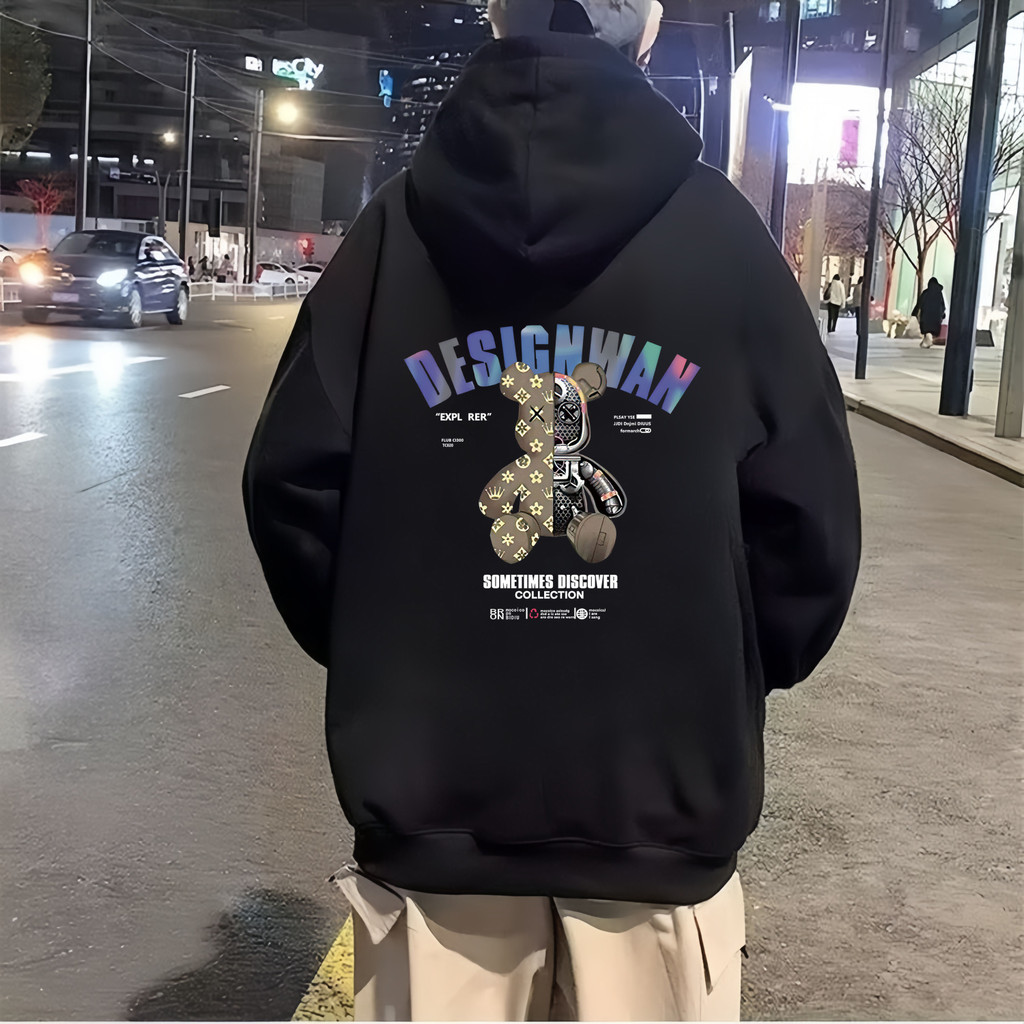 M-5XLAmerican Street Hip-hop Hoodie, Bear Graffiti, ผ้านุ่ม, เหมาะสําหรับทั้งผู้ชายและผู้หญิง
