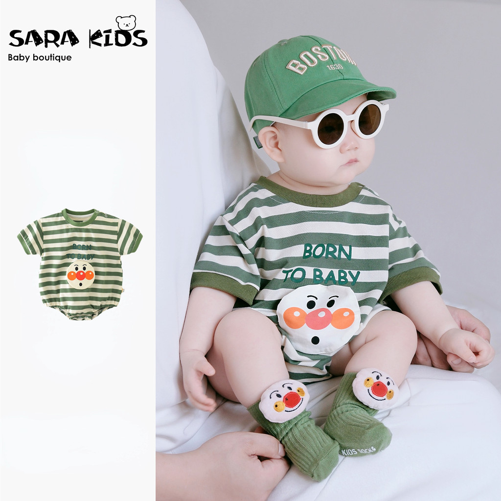 ฤดูร้อนใหม่เสื้อผ้าเด็กชายและหญิงแขนสั้นลาย ชุดรอมเปอร์ 0-24 เดือนทารกแรกเกิดสุดน่ารักการ์ตูนหล่อสามเหลี่ยม ชุด สไตล์เกาหลี