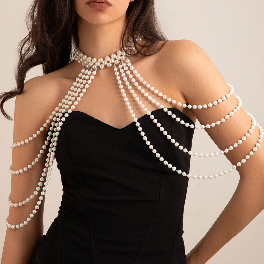 Classy Elegant Multi-Layerพู่มุกไหล่ผู้หญิงภาษาฝรั่งเศสคําRetro Shawlชุดพู่มุกโอ้อวดสร้อยคอจับคู่เสื้อผ้าโซ่