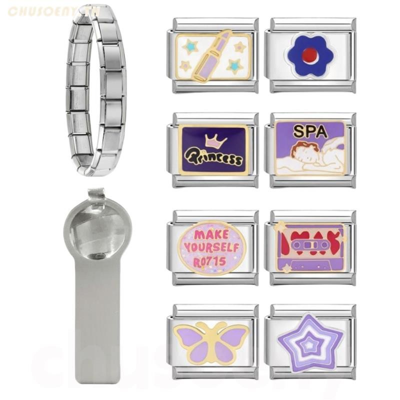 ยอดนิยม Love Unicorn หัวใจสีม่วง Star Italian Charm Links Fit 9 มม.สร้อยข้อมือสแตนเลสทําเครื่องประดับ
