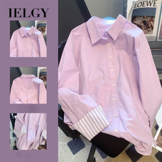 IELGY เสื้อเชิ้ตคอปกโปโลลายทางสีม่วงผู้หญิงเสื้อลําลองทรงหลว…