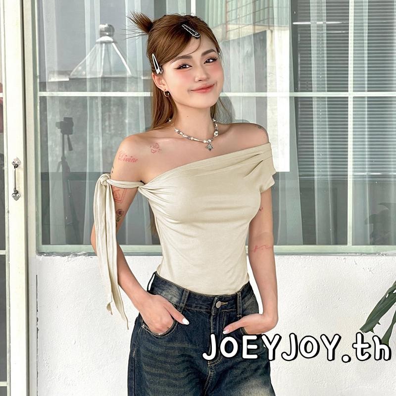 Joeyjoy-เสื้อไหล่เดียวของผู้หญิงฤดูร้อน Ruched Slash Neck Tie-Up เสื้อยืดแขนสั้นครอป - รูปที่ 7
