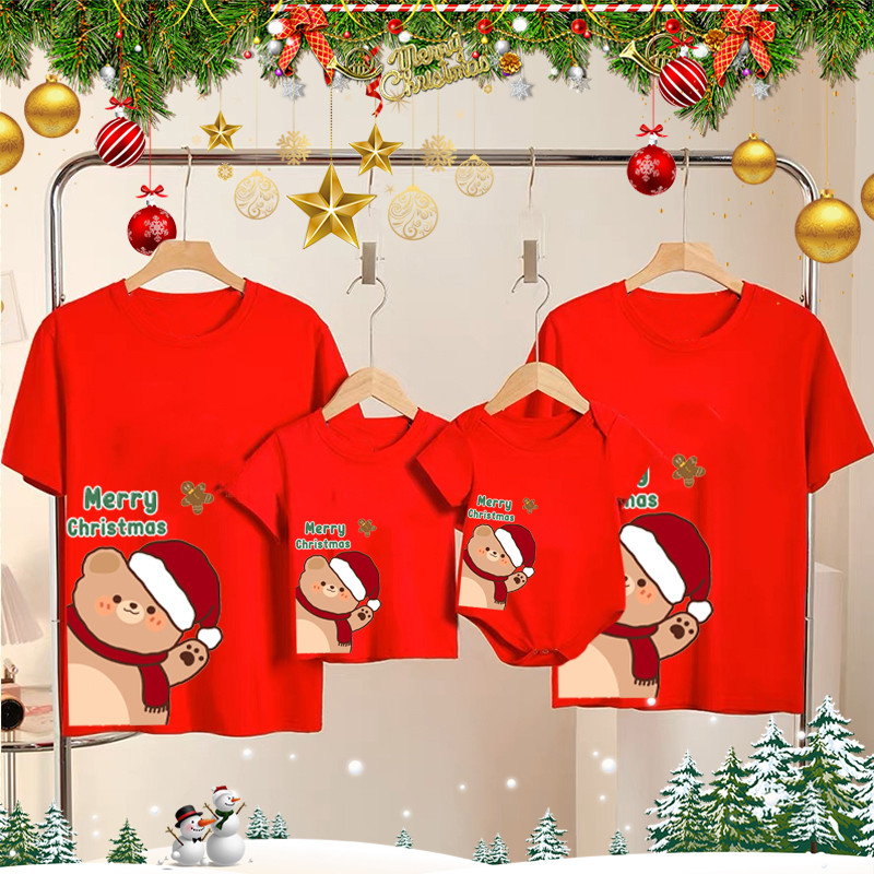 Santa หมีน่ารักคริสต์มาสพิมพ์เสื้อครอบครัวรวมเสื้อยืด Xmas Party ครอบครัวเสื้อผ้าสีแดงคริสต์มาสของขวัญเด็กผู้ใหญ่เด็ก Tee Top