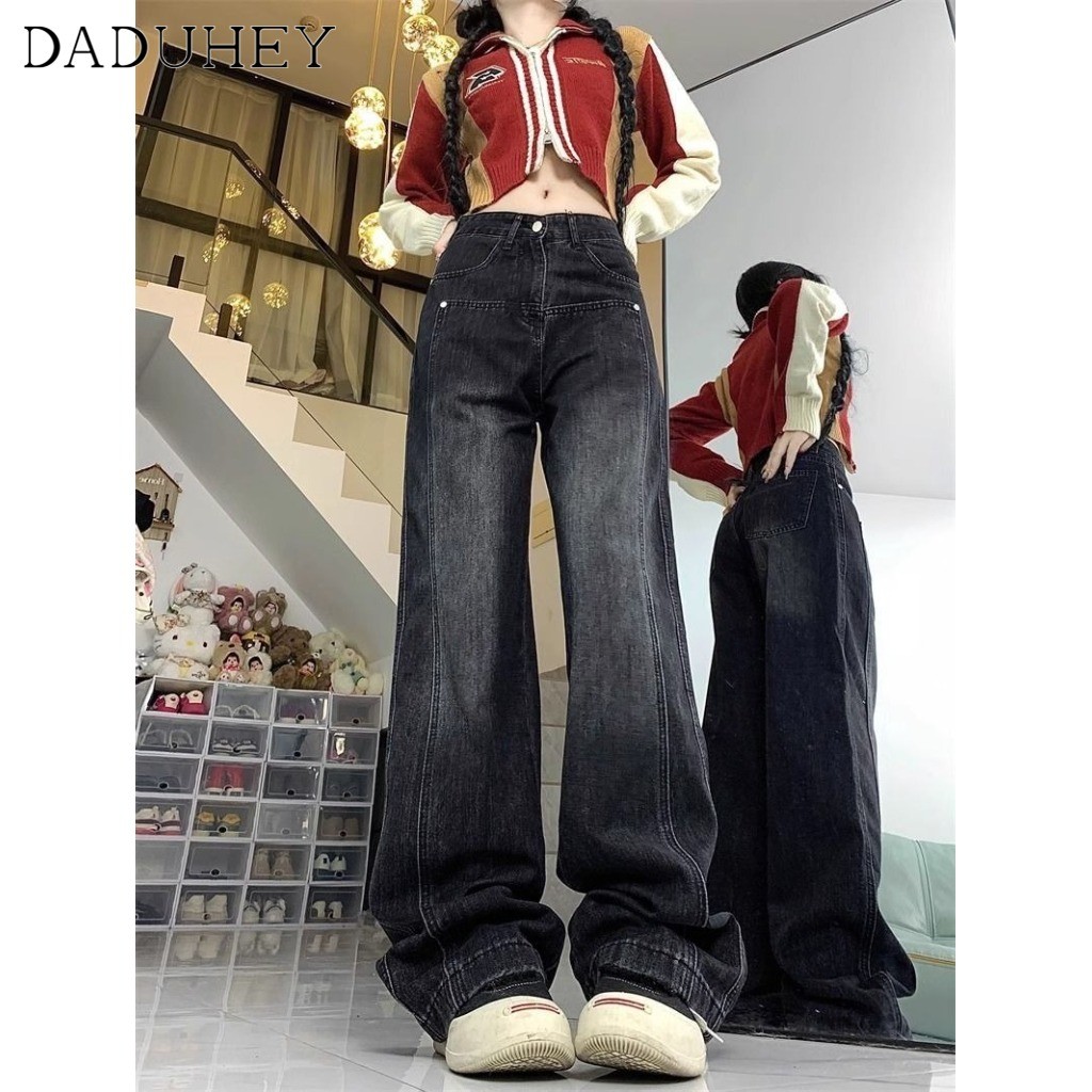 DaDuHey2026 2026 New Summer Black Gray High Waist Loose Drooping Straight Jeans Women's American High Street Retro Washed Distressed All-Matching Wide Leg Jeans