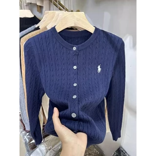 เสื้อคาร์ดิแกนถักลายปักลายม้าผู้หญิงฤดูใบไม้ร่วงและฤดูหนาวต้นฤดูใบไม้ผลิย้อนยุคคอกลมเสื้อสเวตเตอร์สีขาวสีแดง