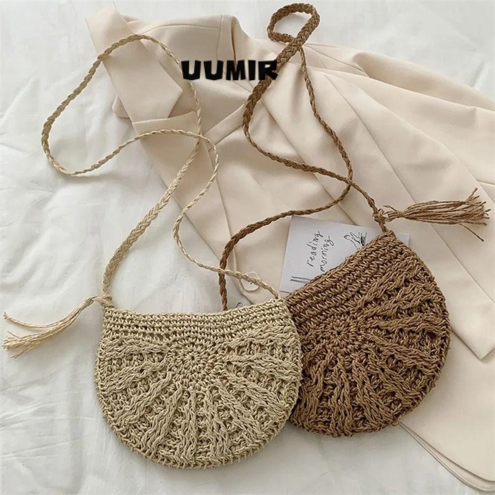 UUMIR กระเป๋าสะพาย,ฟางซิป ค โรสบอดี กระเป๋า,ทนทานโบฮีเมียครึ่งรอบกระเป๋าถือผู้หญิง