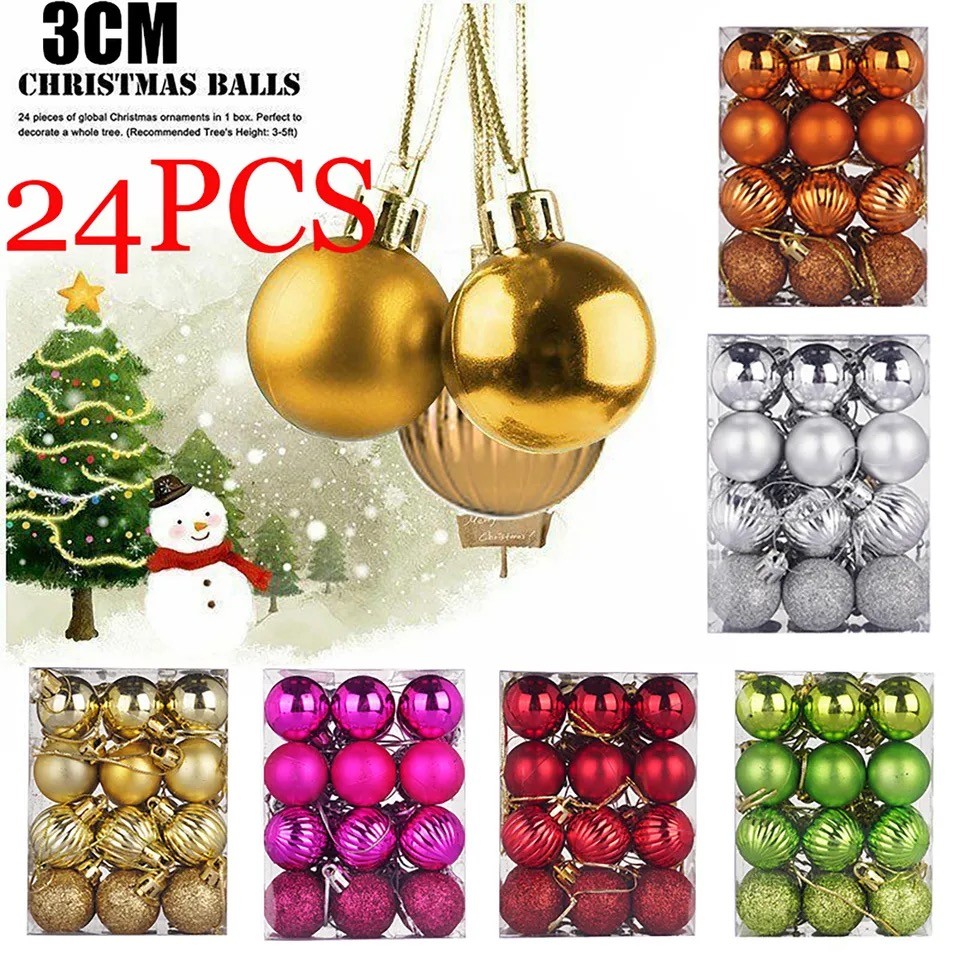 24ชิ้นเครื่องประดับต้นคริสต์มาสบอลสีแดงทองเศษไม้3เซนติเมตรแขวนจี้คริสต์มาสตบเบา ๆ ตกแต่งของขวัญปีใหม่
