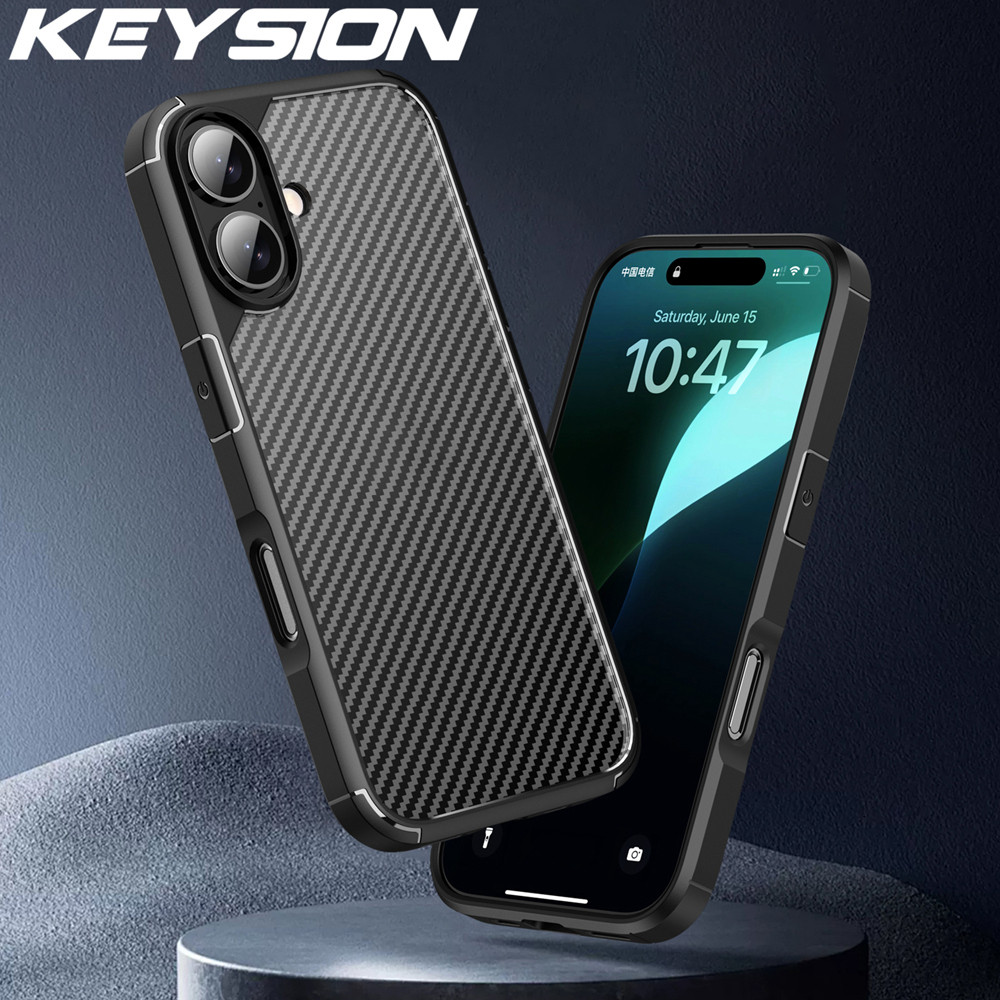 Keysion เคสกันกระแทกสําหรับ iPhone 16 Plus 15 ซิลิโคนอ่อนนุ่ม + PC Matte คาร์บอนไฟเบอร์เนื้อโทรศัพท์ฝาหลังสําหรับ iPhone 15 Plus 16