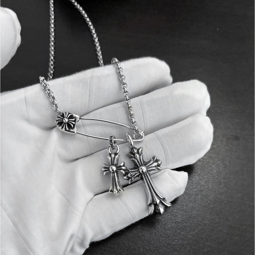 CH♥  สร้อยคอ/925 Silver Pin Double Cross Necklace INS