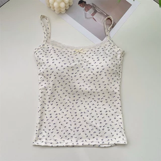 YY60 เสื้อสายเดี่ยว ดีเทลลายดอกไม้ มีฟองน้ำในตัว มินิมอลสไตล์เวียดนาม พร้อมส่งในไทย น่ารัก ตัวเดียวกับที่มาเบลpixieใส่🤍🎀