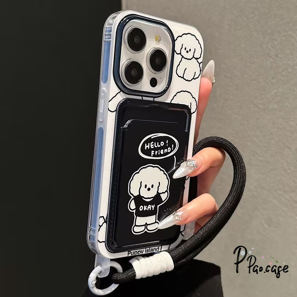 น่ารักสีดำลูกสุนัขสายคล้องบัตรกระเป๋าสตางค์เข้ากันได้กับ เคสไอโฟน 11 13 15 XR 14 12 Pro Max 7 15 8 14 Plus X XS Max เคส